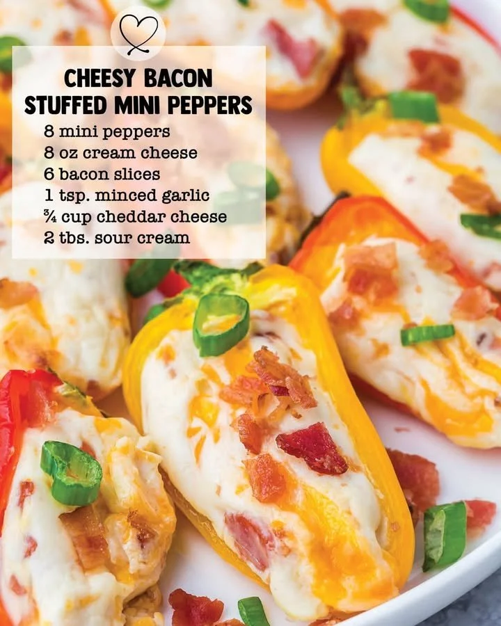 Cheesy bacon stuffed mini peppers filled with melted cheese and crispy bacon