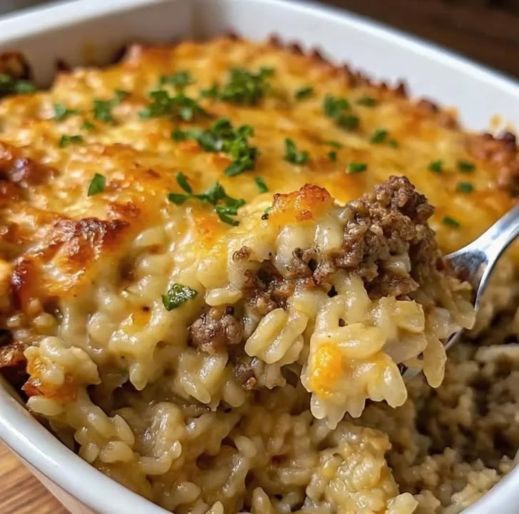 Cheesy ground beef rice casserole served in a baking dish