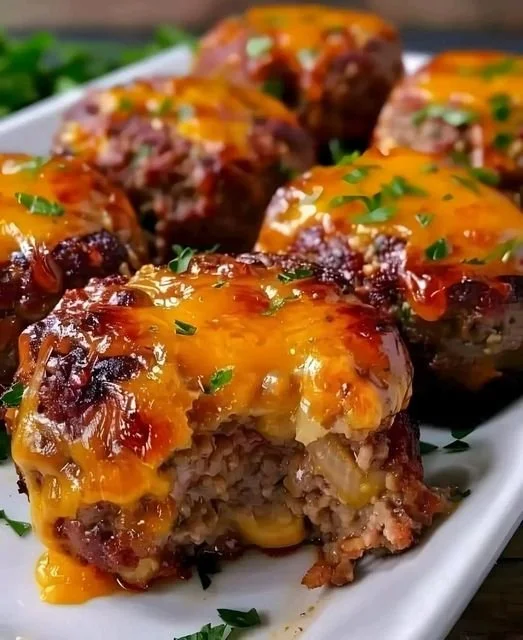 Cheesy stuffed meatloaf bites served on a platter with dipping sauce.