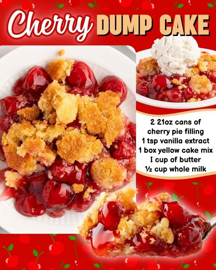 Homemade Cherry Dump Cake topped with whipped cream and cherries