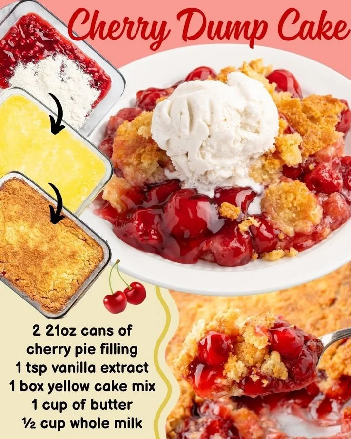 Delicious cherry dump cake served in a dish with a scoop of ice cream.