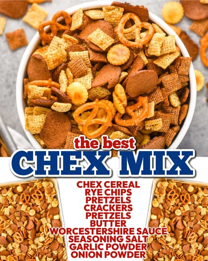 A bowl of homemade Chex Mix with various crunchy toppings.