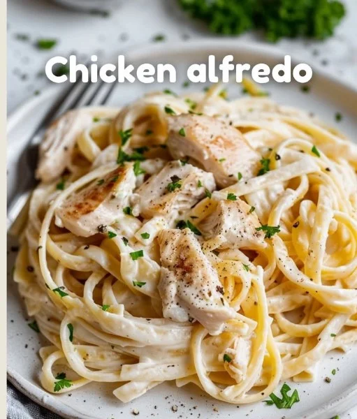 Creamy Chicken Alfredo pasta garnished with parsley on a plate