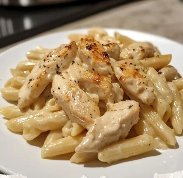 Creamy Chicken Alfredo pasta with grilled chicken and parsley garnish