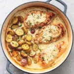Plate of Chicken and Potatoes in Creamy Dijon Sauce garnished with fresh herbs