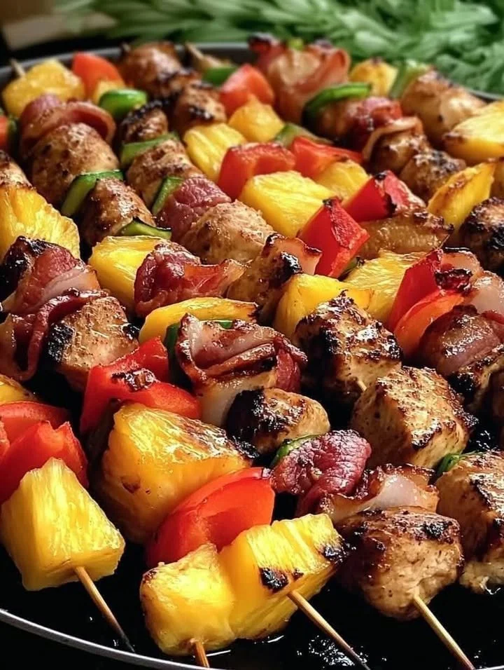 Delicious Chicken Kebabs with Bacon and Pineapple on a BBQ grill