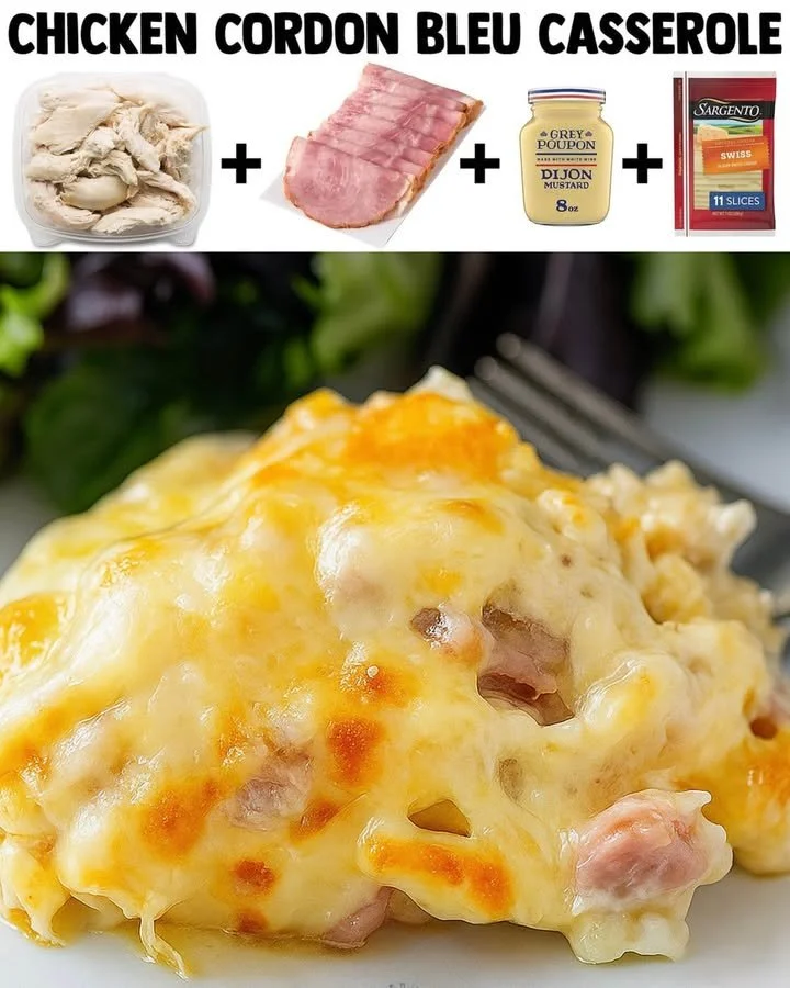 Delicious Chicken Cordon Bleu Casserole served on a plate with herbs