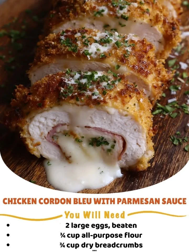 Plate of Chicken Cordon Bleu with Parmesan sauce garnished with herbs