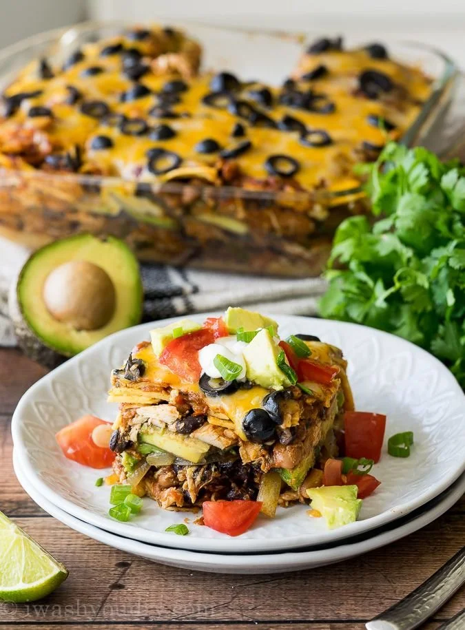 Delicious Chicken Enchilada Casserole baked with cheese and spices