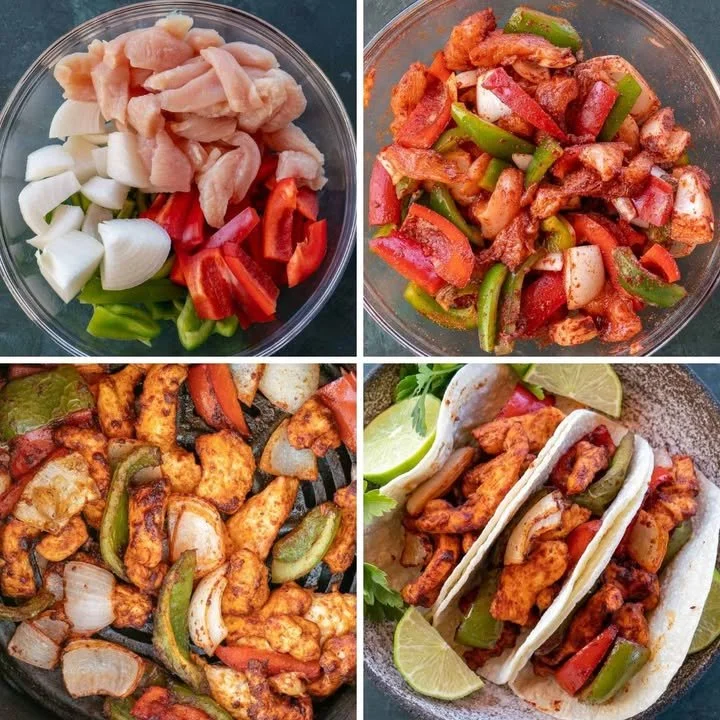 Delicious homemade chicken fajitas with peppers and onions served on a plate.