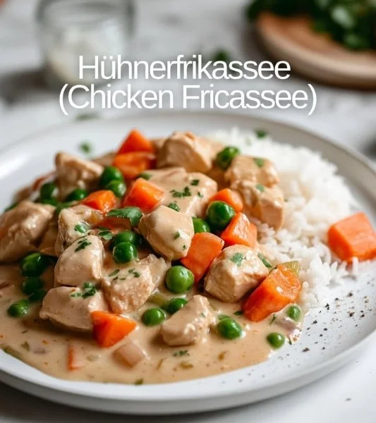 Delicious Chicken Fricassee served with vegetables and creamy sauce