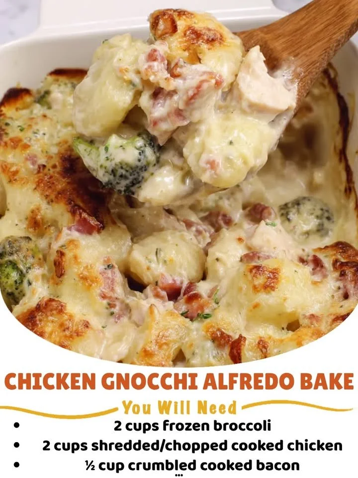 Delicious Chicken Gnocchi Alfredo Bake topped with cheese and herbs