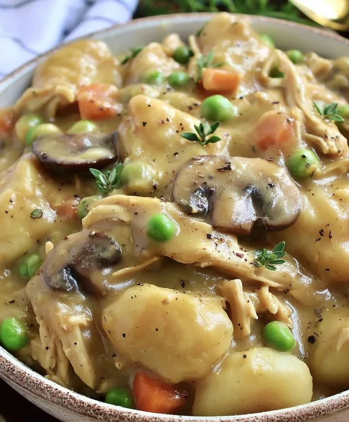 Delicious Chicken Gnocchi Pot Pie with tender chicken and creamy sauce