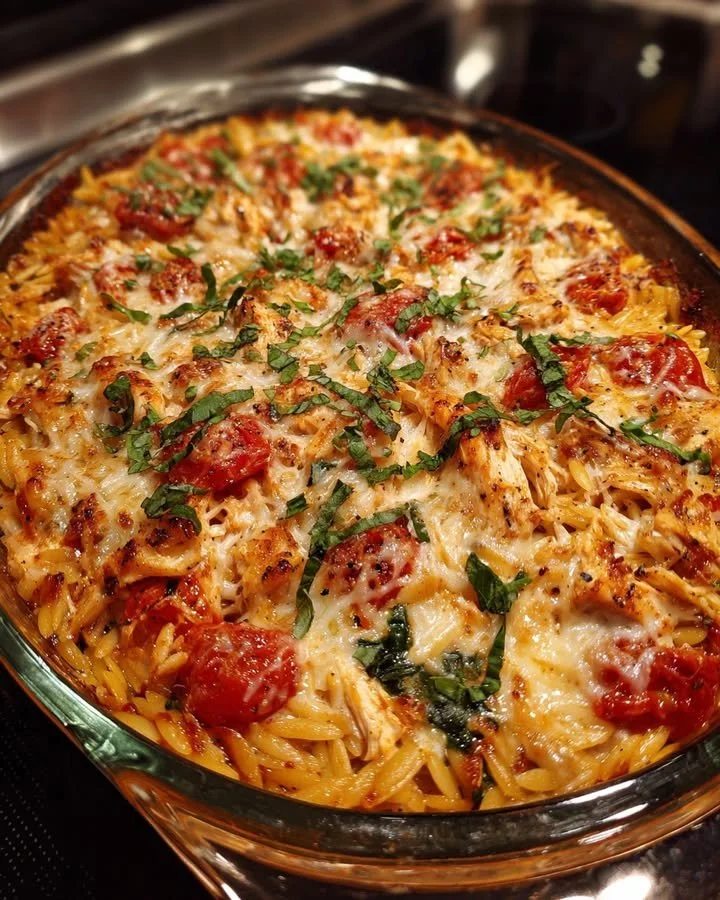 Delicious Chicken & Orzo Pasta Bake served in a casserole dish