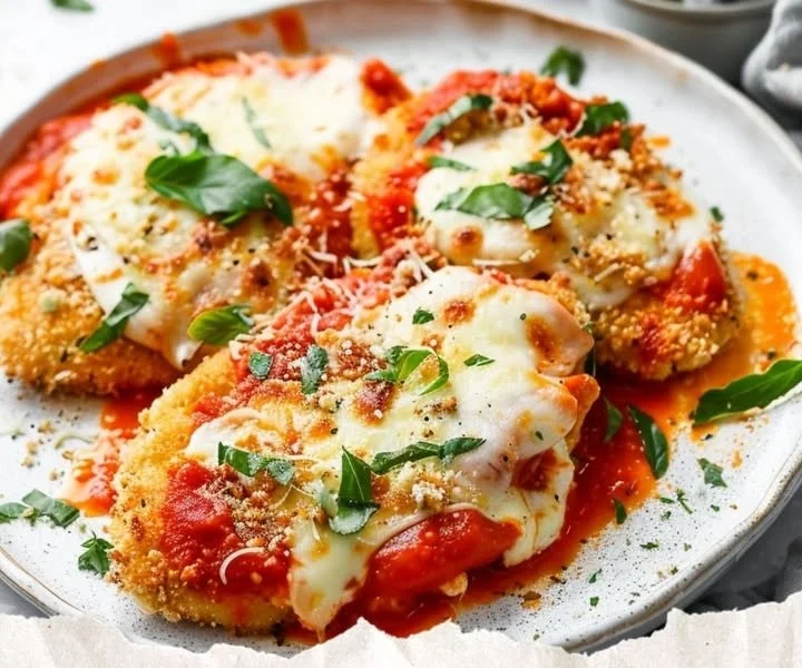 Delicious Chicken Parmesan served with marinara sauce and cheese