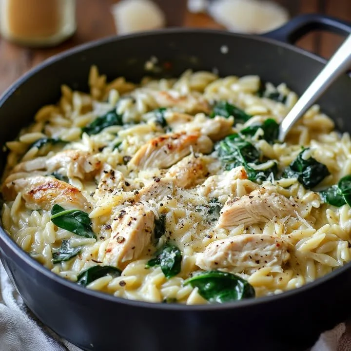 Delicious Chicken and Spinach Orzo dish served in a bowl with fresh herbs.
