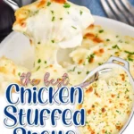 Plate of Chicken Stuffed Shells topped with marinara sauce and cheese