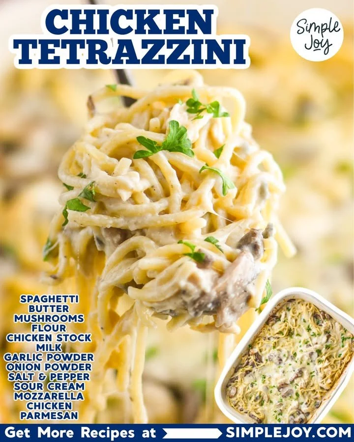 Delicious Chicken Tetrazzini in a creamy sauce with pasta and chicken