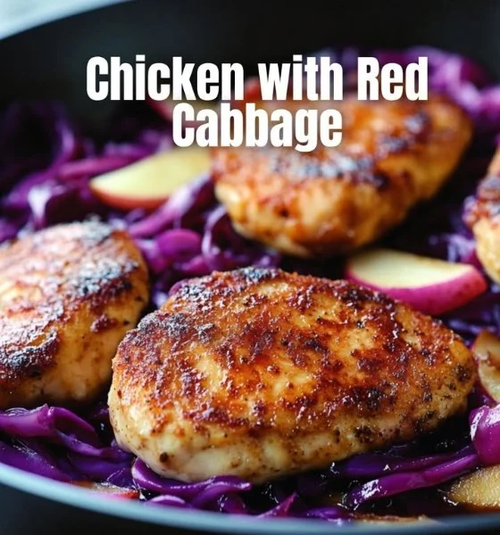 Delicious chicken with red cabbage served on a plate