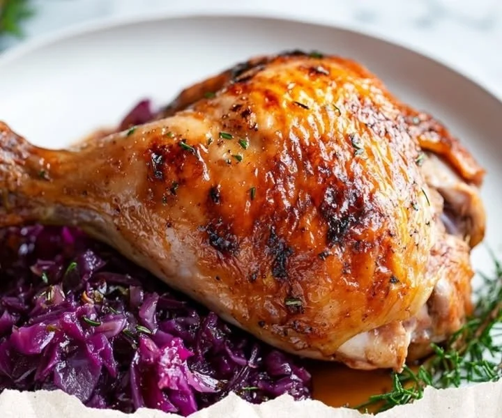 Plate of chicken served with sautéed red cabbage and garnishes