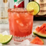 Refreshing Watermelon Margaritas served in a glass with lime and watermelon garnish