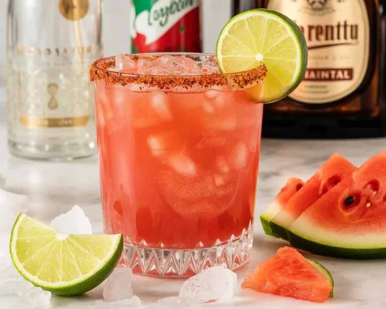 Refreshing Watermelon Margaritas served in a glass with lime and watermelon garnish