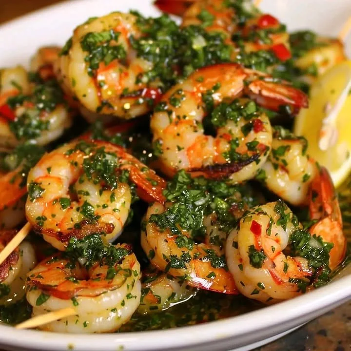 Delicious chimichurri shrimp garnished with fresh herbs and spices