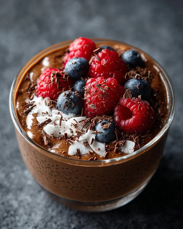 Delicious Chocolate Avocado Chia Pudding topped with fresh berries