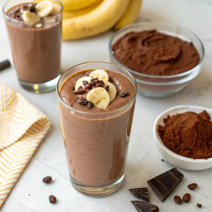 Delicious Chocolate-Banana Smoothie in a clear glass with a straw