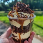 Chocolate Caramel Cheesecake Cup topped with chocolate drizzle and caramel sauce.
