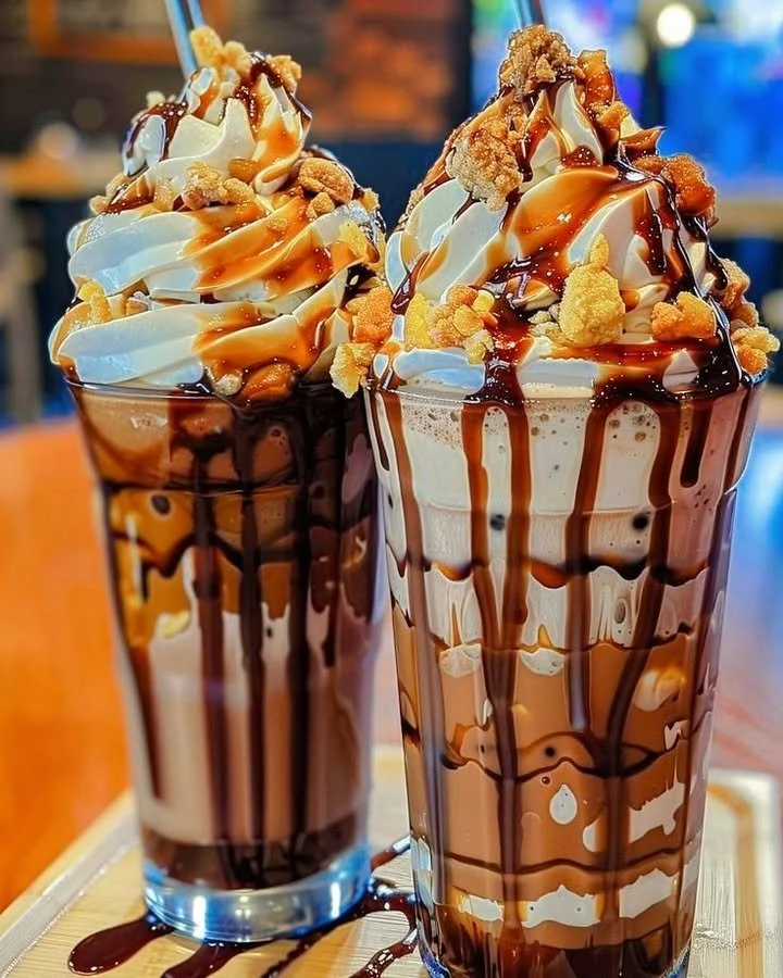 Delicious chocolate caramel crunch milkshake topped with whipped cream and chocolate shavings.