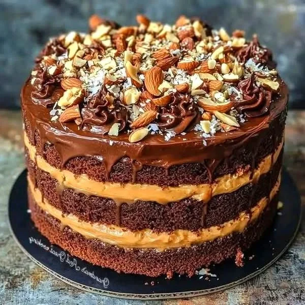 Delicious Chocolate Caramel Nut Cake topped with caramel drizzle and nuts