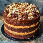 Delicious Chocolate Caramel Nut Cake with nuts and caramel drizzle