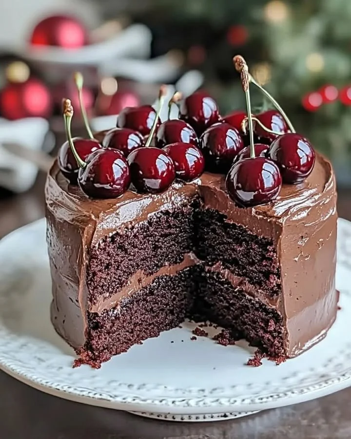 Delicious homemade Chocolate Cherry Cake topped with fresh cherries and chocolate frosting