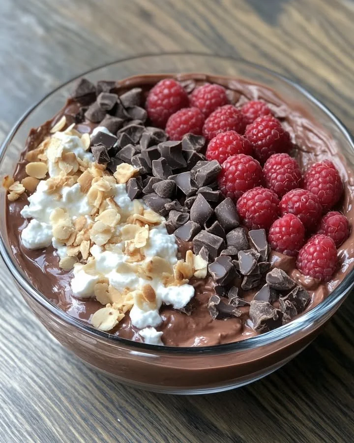 Chocolate Cottage Cheese Pudding topped with chocolate shavings and fresh berries