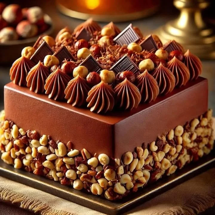 Delicious Chocolate Hazelnut Cake topped with chocolate ganache and hazelnuts