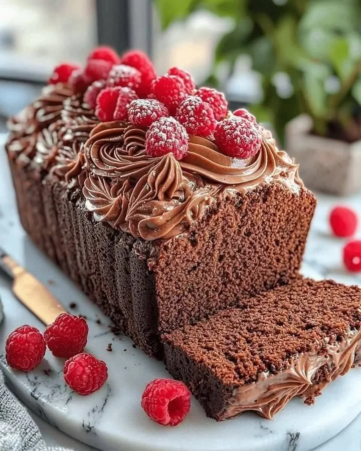 Sliced chocolate loaf cake with creamy whipped ganache topping