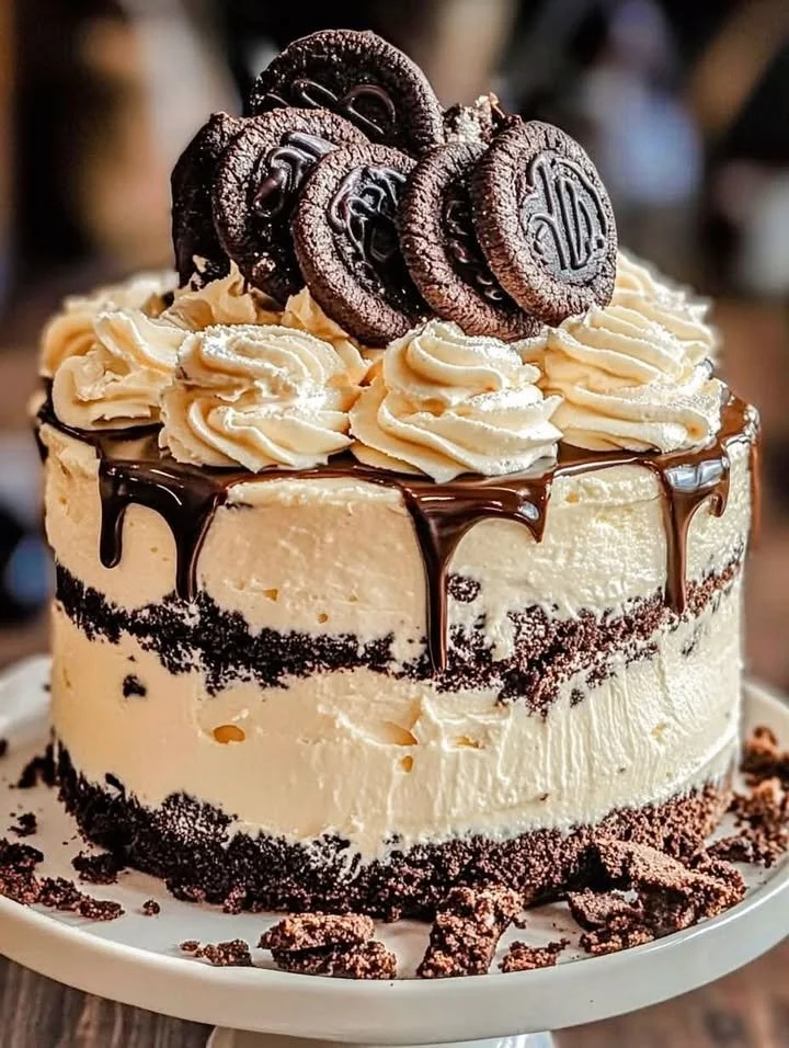 Layers of Chocolate-Oreo Cake topped with creamy frosting and Oreo crumbles.