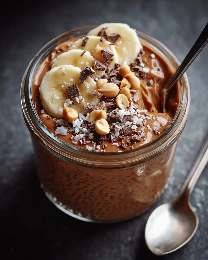 Chocolate peanut butter chia pudding topped with cacao nibs and peanuts