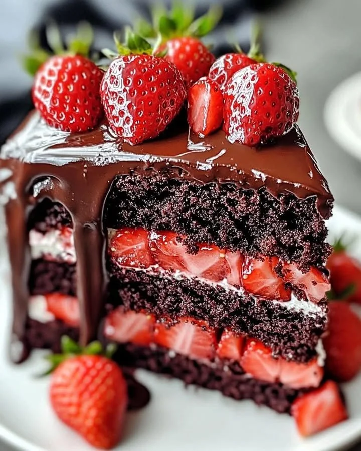 Delicious Chocolate Strawberry Cake with fresh strawberries and rich chocolate frosting