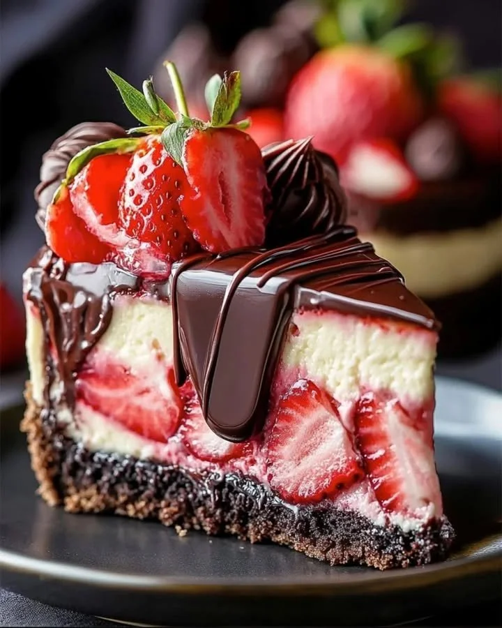 Chocolate Strawberry Swirl Cheesecake topped with fresh strawberries and chocolate sauce.