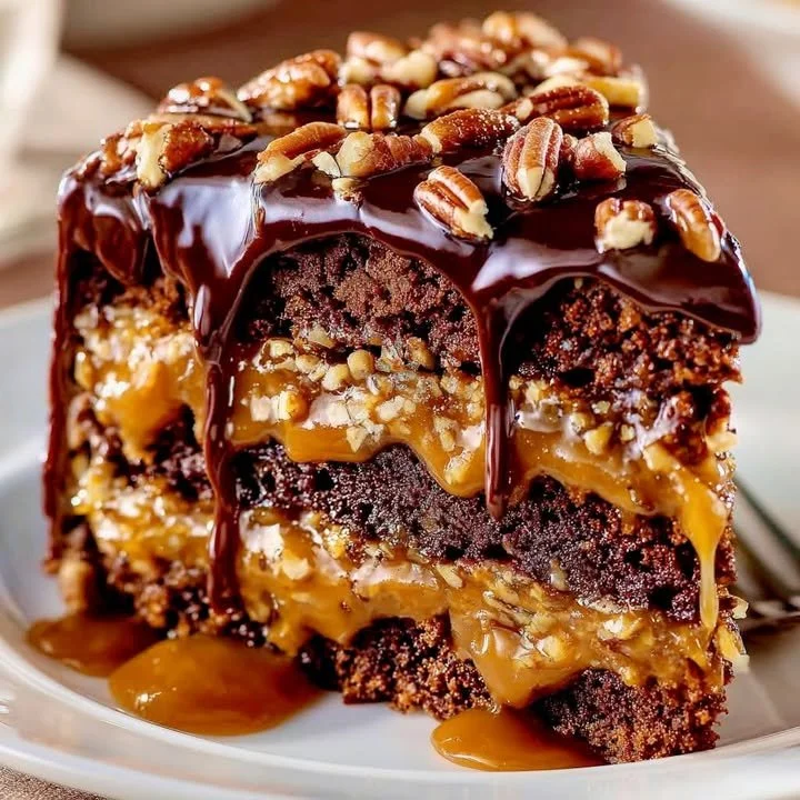 Slice of delicious Chocolate Turtle Cake topped with caramel and pecans