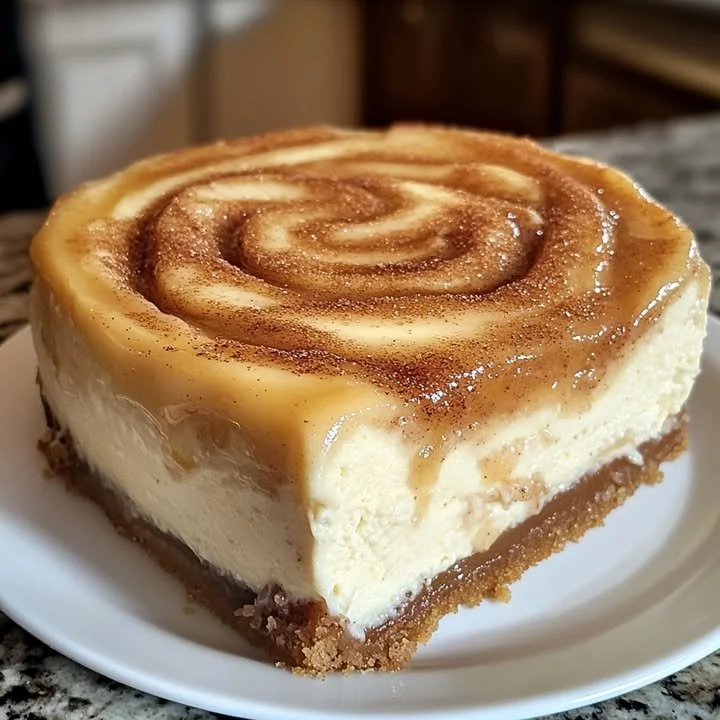 Delicious cinnamon roll cheesecake topped with honey glaze and cinnamon swirls.