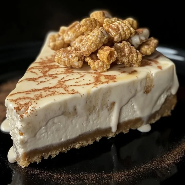 Slice of Cinnamon Toast Crunch Cheesecake with cereal topping and graham cracker crust