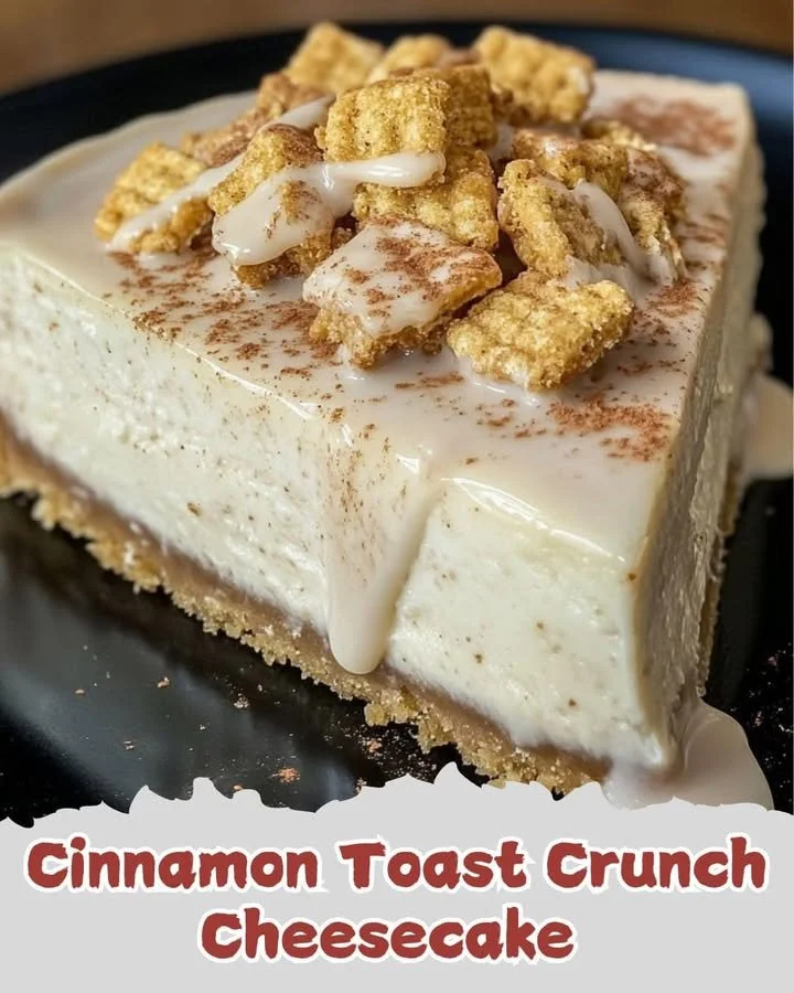 Delicious slice of Cinnamon Toast Crunch Cheesecake topped with cereal