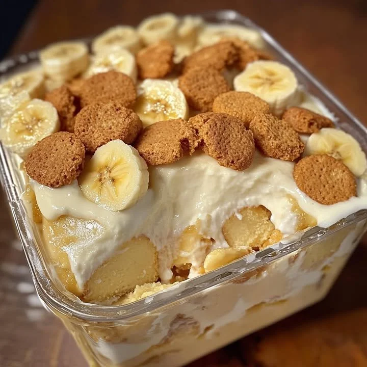 Delicious classic banana pudding in a pan with layers of bananas and vanilla wafers