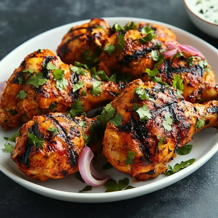 Deliciously grilled Tandoori chicken served on a plate with vibrant spices