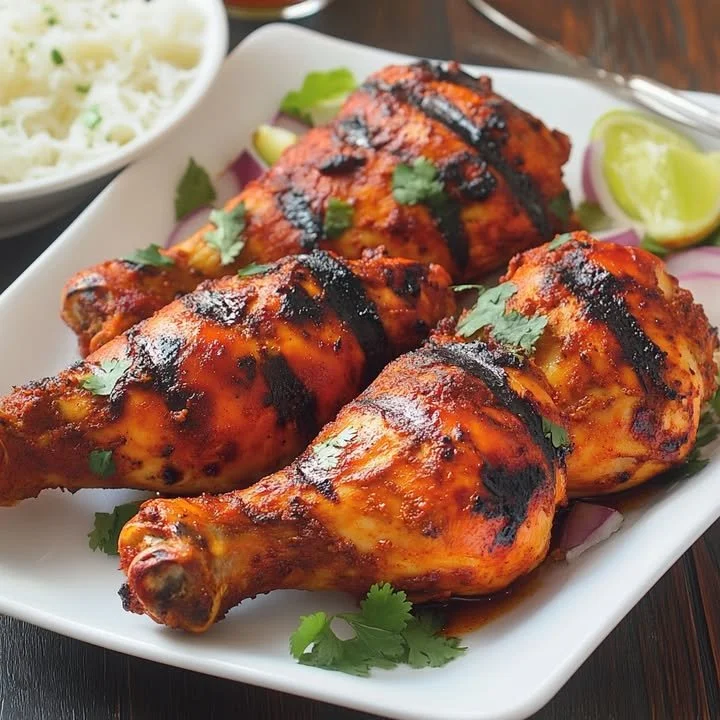 Delicious classic grilled tandoori chicken served on a platter with herbs and spices.