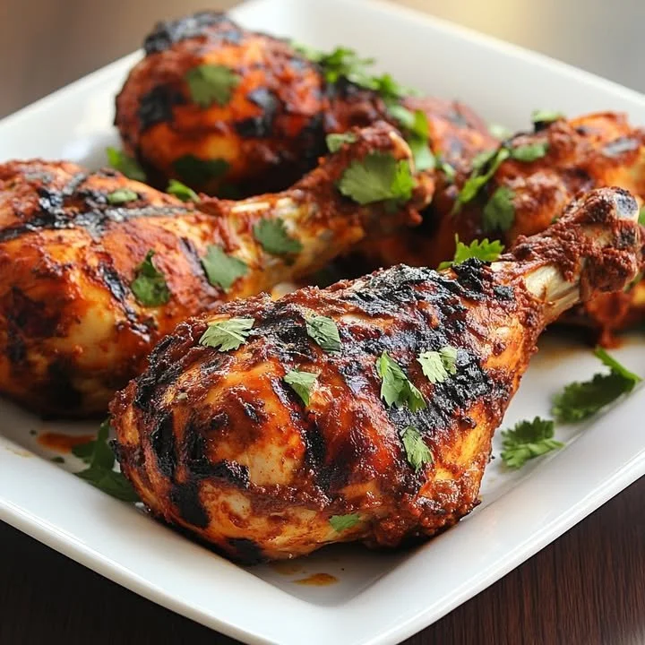Delicious grilled tandoori chicken on a plate, garnished with fresh herbs.