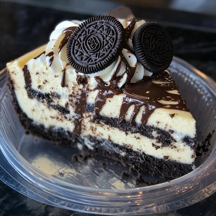 Delicious classic Oreo cheesecake topped with crushed Oreos on a creamy filling.
